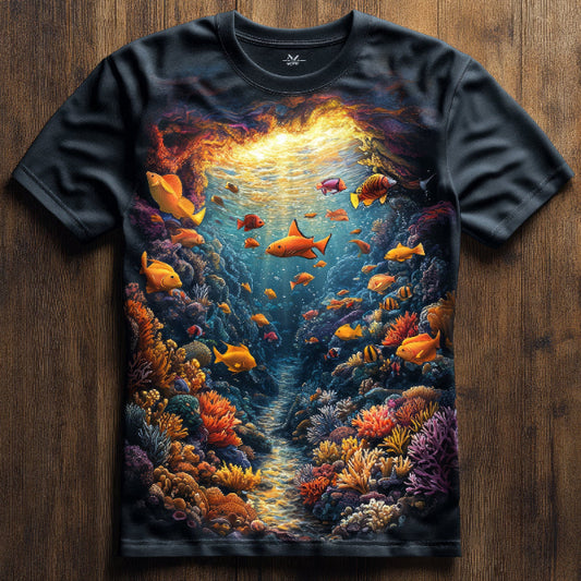 Next Print tshirt featuring an underwater scene with colorful fish and coral reefs