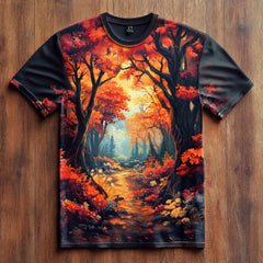Next Print tshirt featuring a scenic autumn forest landscape