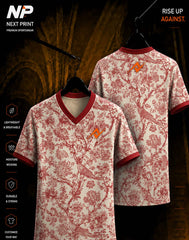 Vintage crimson toile floral and bird pattern V-neck sublimation sports jersey with custom Next Print logo on front and back.