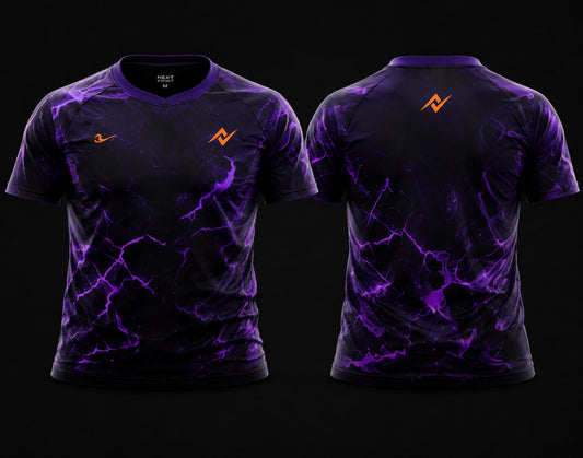 Front and back view of Void Lightning premium esports jersey featuring black and electric purple lightning graphics, round neck collar, and professional gaming apparel styling.