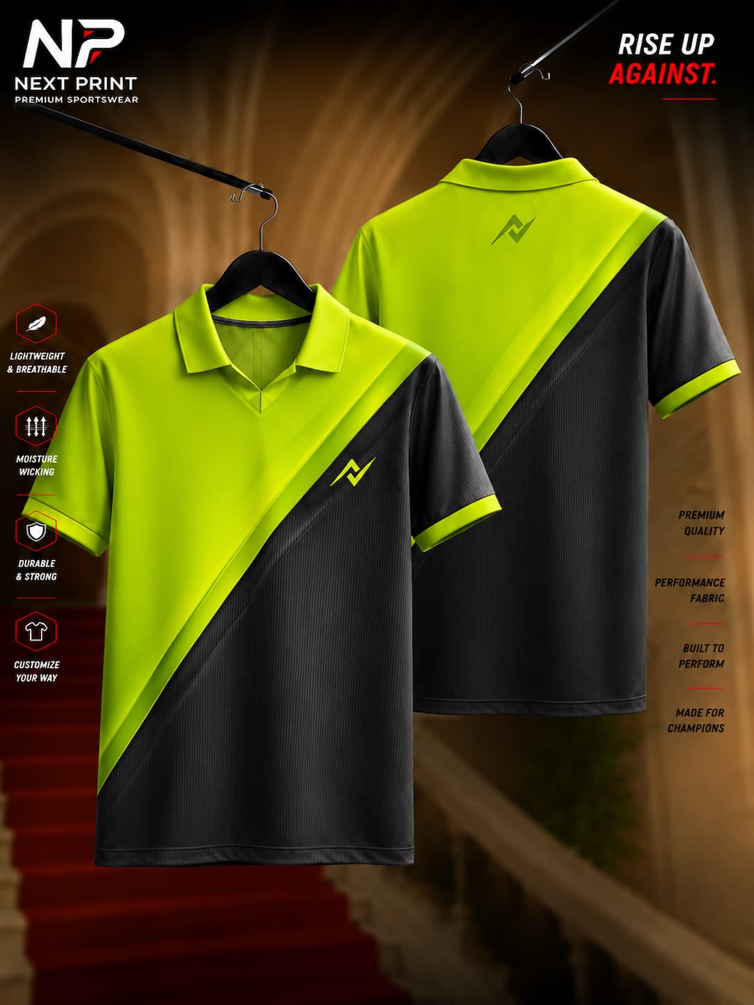 Neon green and black diagonal custom performance polo sports jersey with front and back views for cricket, football, and team sports.