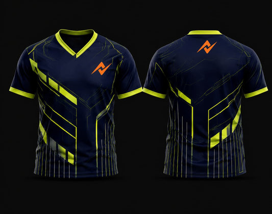 Front and back view of a navy blue and neon yellow V-neck cricket jersey featuring geometric graphics with custom chest logo and back neck logo.