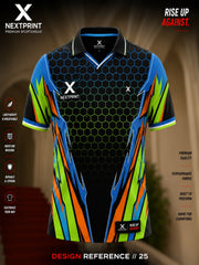 Front view of a black performance polo jersey featuring electric blue, neon green, and orange geometric graphics with a hexagonal honeycomb pattern.