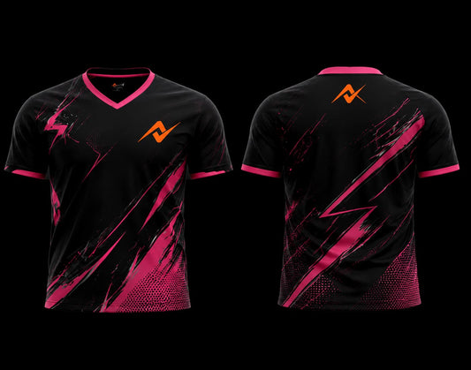 Front and back view of a black and pink V-neck esports gaming jersey featuring bold lightning graphics and an orange logo on the chest and upper back.