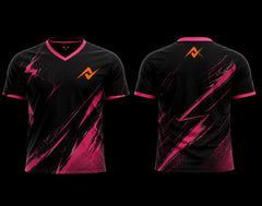 Front and back view of a black and pink V-neck esports gaming jersey featuring bold lightning graphics and an orange logo on the chest and upper back.