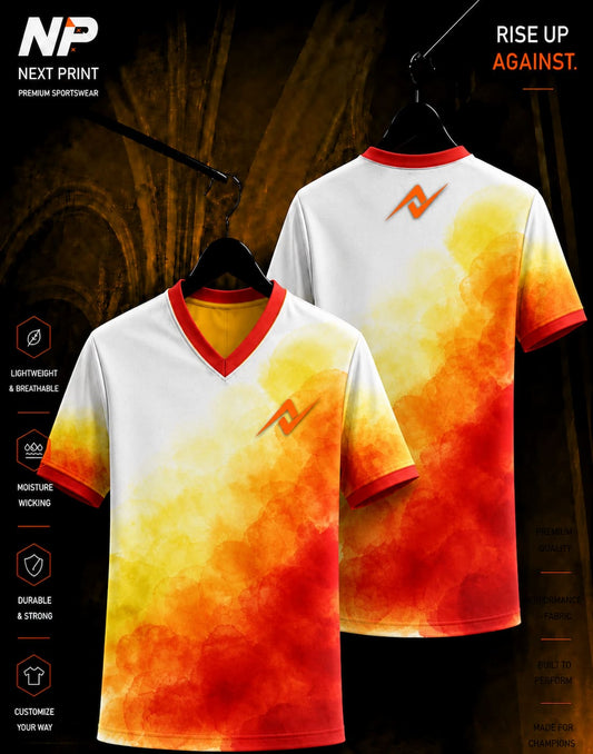 White watercolor flame custom esports jersey with yellow, orange and red gradient sublimation design.
