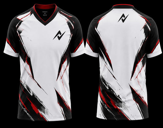 White and black V-neck esports jersey featuring bold black and red strike graphics with premium front and back sublimation gaming jersey design.