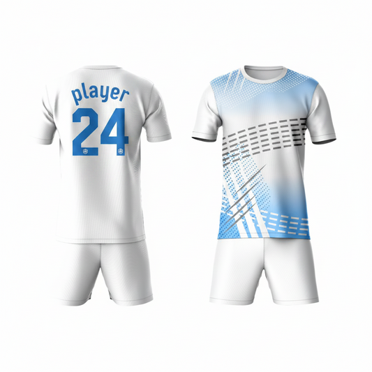 White blue black activewear t-shirt with white shorts back view