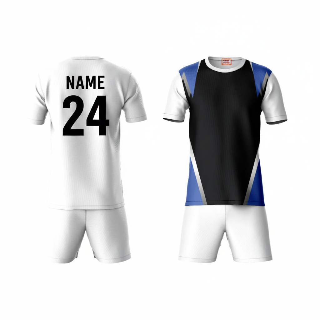 White blue black activewear t-shirt with white shorts back view