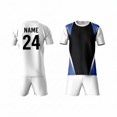 White blue black activewear t-shirt with white shorts back view