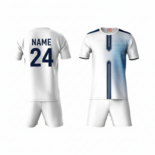White blue activewear t-shirt with white shorts back view