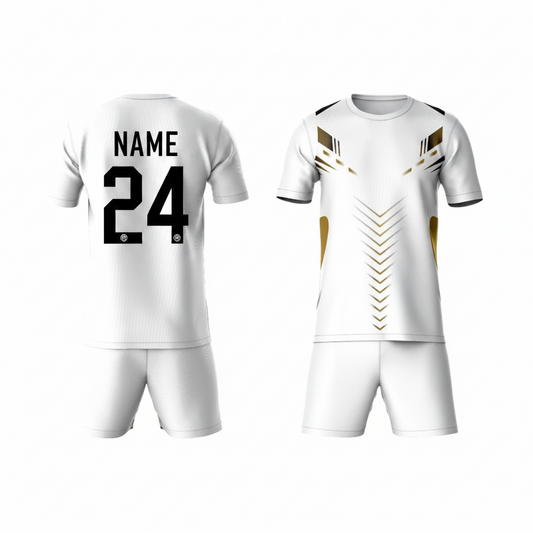 White gold geometric pattern activewear t-shirt with white shorts back view