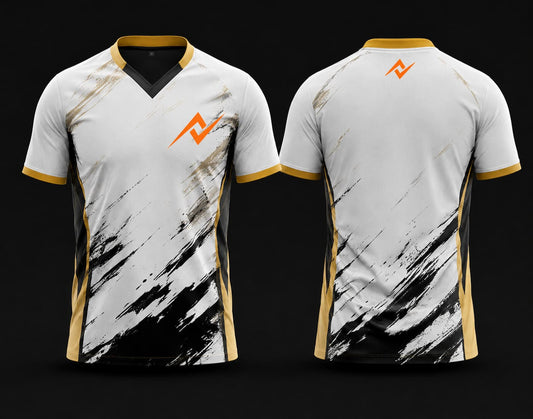 Front and back view of a white and gold custom V-neck cricket jersey featuring black brushstroke graphics and an orange chest logo.