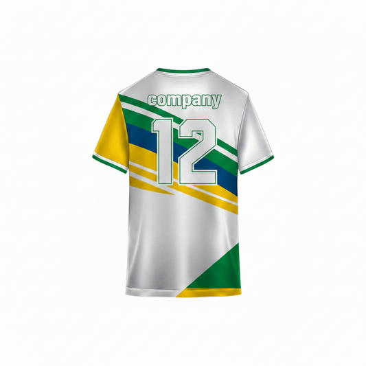 White custom sports jersey back view with green blue and yellow diagonal stripe design for cricket football volleyball and esports team uniforms by NextPrint