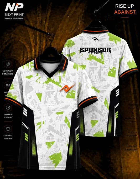 White Lime Urban Shatter sublimation sports jersey with green abstract graphics and black side panels by Next Print
