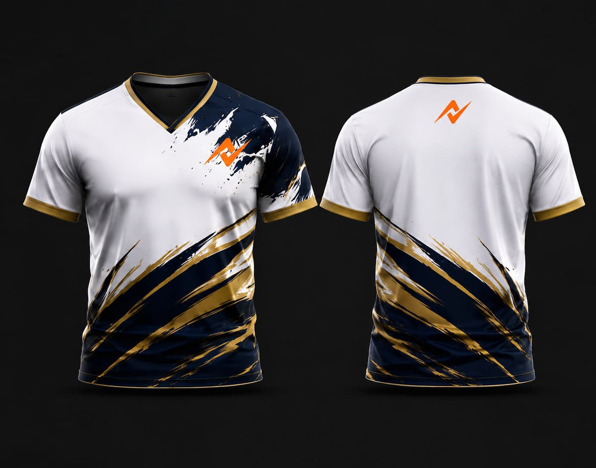 Front and back view of a white, navy blue, and gold V-neck cricket jersey featuring custom chest logo and back neck logo with premium brush-stroke graphics.