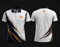 White polo collar esports jersey with navy blue and gold diagonal graphics, custom orange logo on the left chest and below the back collar, front and back mockup.