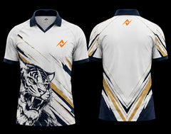 White and navy tiger performance polo sports jersey with gold accents, front and back sublimation design for cricket and esports teams.