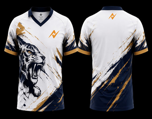 White navy and gold V-neck esports jersey featuring a roaring tiger graphic with premium front and back sublimation design.