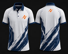 White and navy polo collar esports jersey featuring futuristic geometric and brushstroke graphics with an orange logo on the left chest and below the back neck, front and back mockup.