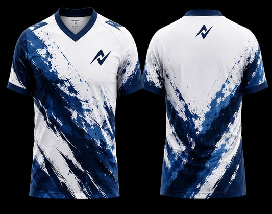 White and navy blue V-neck esports jersey featuring bold paint splash graphics with premium front and back sublimation gaming jersey design.