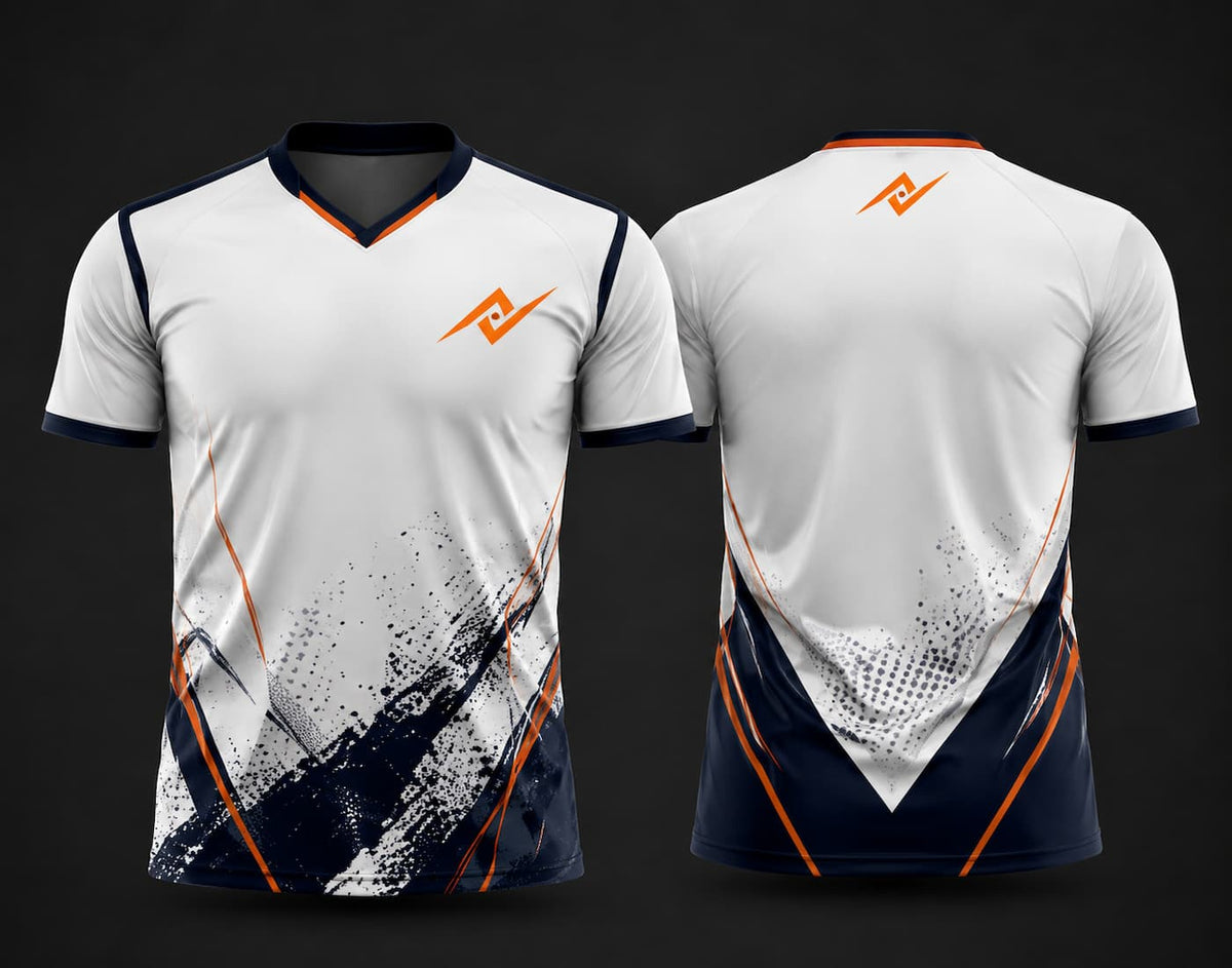 Front and back view of a white and navy custom V-neck cricket jersey featuring navy and orange brush-stroke graphics, custom chest logo, and back neck logo.