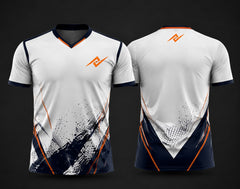 Front and back view of a white and navy custom V-neck cricket jersey featuring navy and orange brush-stroke graphics, custom chest logo, and back neck logo.