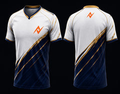 Front and back view of a white, navy blue, and gold V-neck esports jersey featuring diagonal graphics with an orange team logo on the chest and upper back.