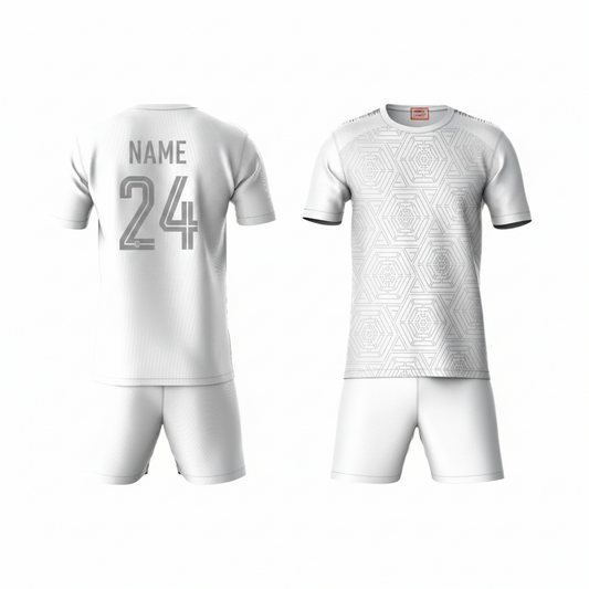 White pattern activewear t-shirt with white shorts back view