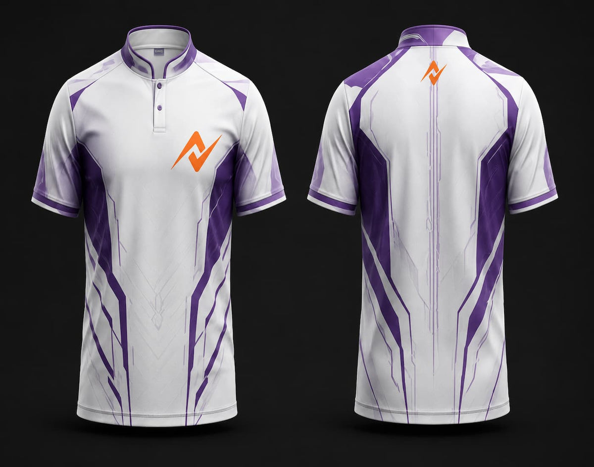 Front and back view of a white and purple Chinese collar esports jersey featuring futuristic cyber graphics with an orange chest logo and matching back neck logo.