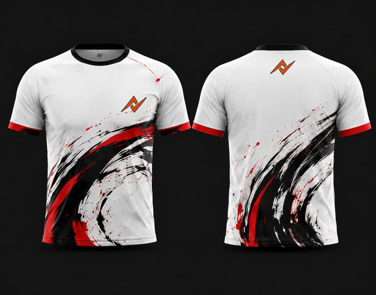 Front and back view of a white round neck custom sports jersey with bold red and black brushstroke graphics and orange chest logo.