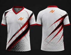 Front and back view of a white V-neck cricket jersey featuring bold red and black slash graphics with an orange logo on the left chest and below the back neckline.