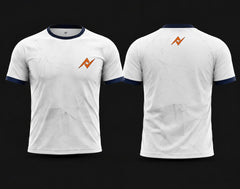 Front and back view of a white round neck cricket jersey featuring a subtle geometric pattern, navy blue collar and sleeve cuffs, and orange logo placement.