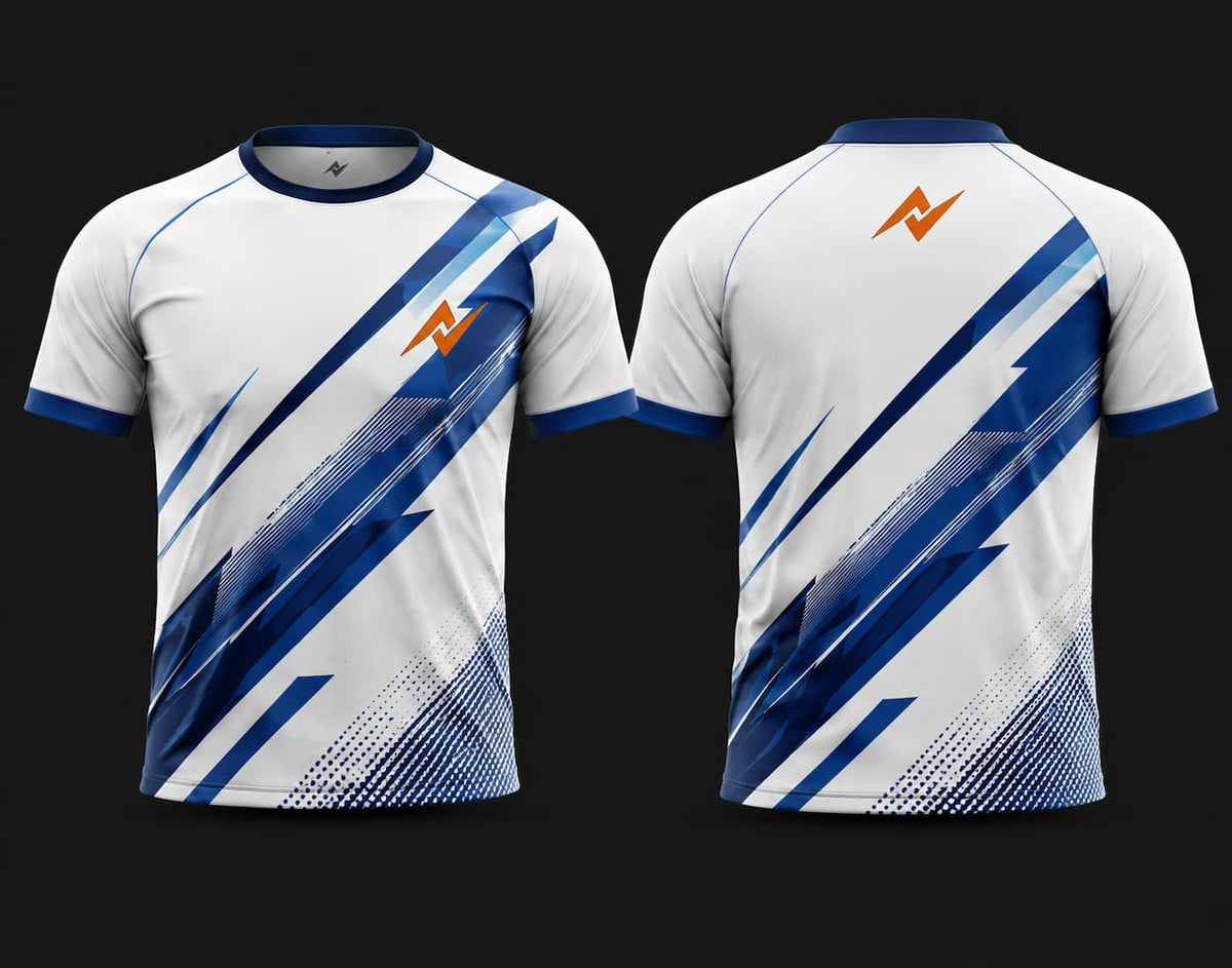 Front and back view of a white and royal blue round neck cricket jersey featuring modern diagonal geometric graphics and sublimated performance fabric.
