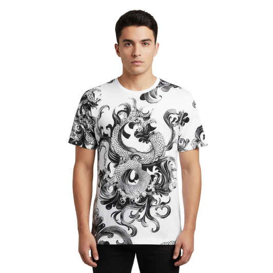 Next Print white shirt with a dragon on it is printed on the front