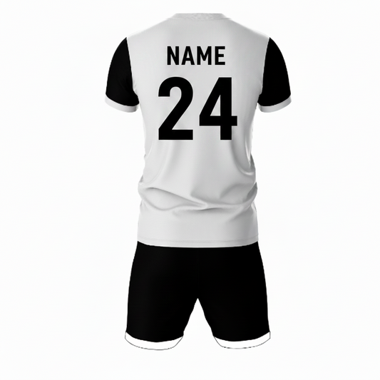 White athletic sports jersey with black shorts back side view