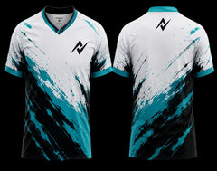 White and teal V-neck esports jersey featuring bold paint splash graphics with premium front and back sublimation gaming jersey design.