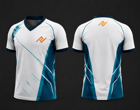 Front and back view of a white and teal V-neck cricket jersey featuring geometric side graphics with an orange logo on the left chest and below the back neckline.