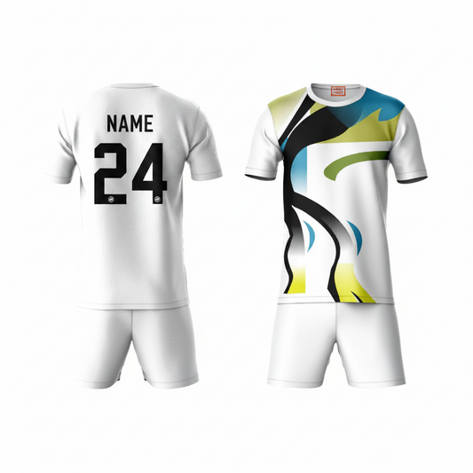 White yellow black sports t-shirt with white shorts back view for men