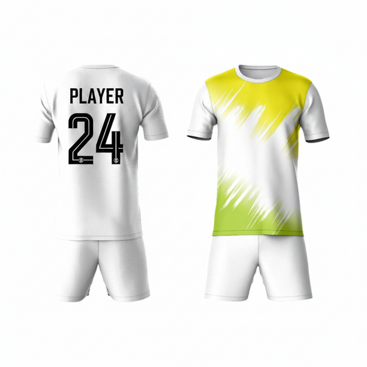 White yellow geometric pattern activewear t-shirt with white shorts back view