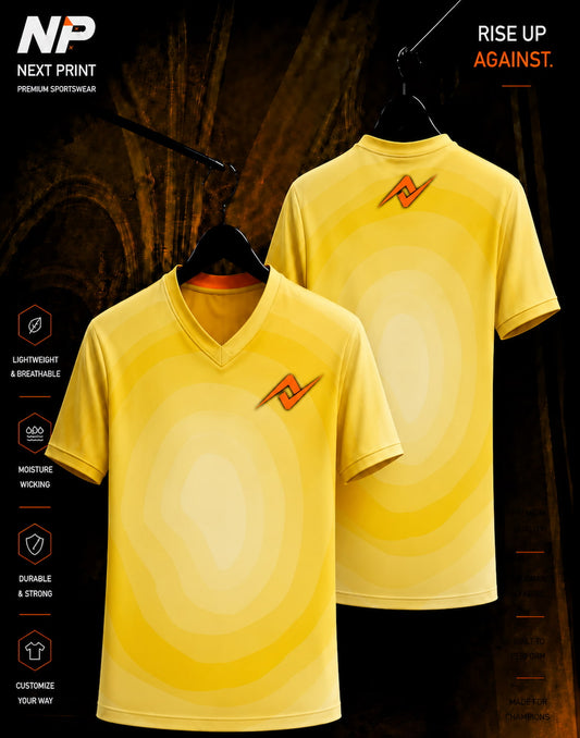 Yellow abstract ripple pattern V-neck sublimation sports jersey front and back by Next Print