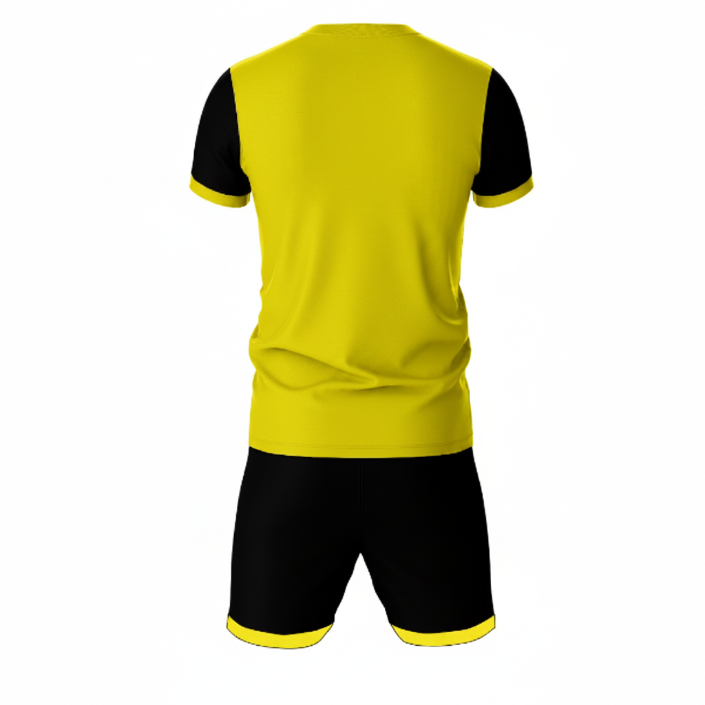 Premium yellow black sportswear jersey and shorts set side angle view