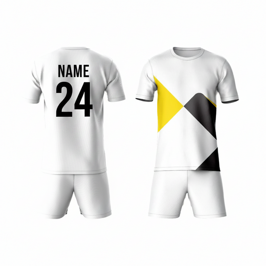 Yellow black white activewear t-shirt with white shorts back view