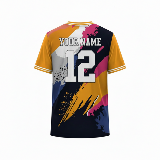 Yellow, pink, and navy abstract sports t-shirt back design with artistic paint brush pattern for custom sublimation team jersey printing by NextPrint India