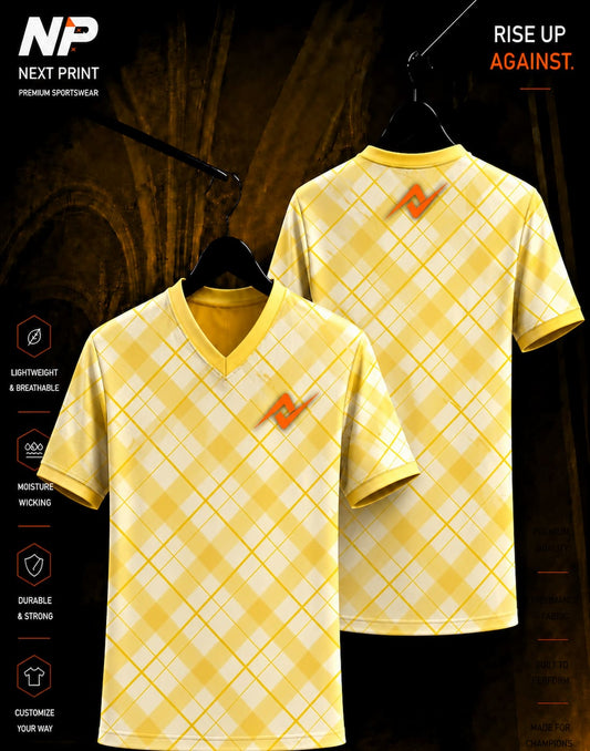 Yellow plaid premium sublimation V-neck sports jersey front and back mockup with custom logo