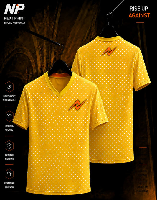 Yellow and white polka dot sublimation V-neck sports jersey front and back mockup by Next Print