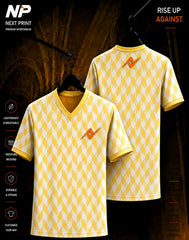 Yellow and white chevron pattern V-neck sublimation sports jersey front and back mockup with custom logo