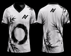 Front and back mockup of a white and black V-neck esports jersey featuring Japanese bamboo artwork, an Enso brush circle design, chest logo, and back neck logo.