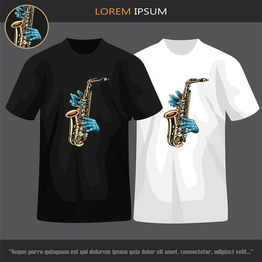 Next Print Zombie hand playing saxophone isolated on black tshirt .