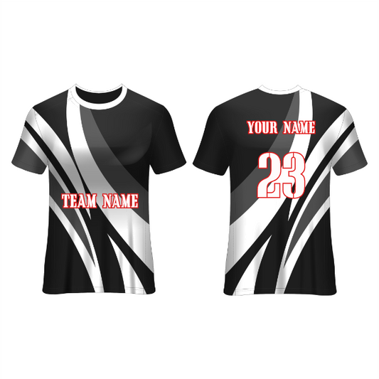 Front and back view of a black and white football jersey with bold diagonal graphic stripes, featuring customizable team name, player name, and number, ideal for soccer teams, tournaments, training sessions, and match-day performance.